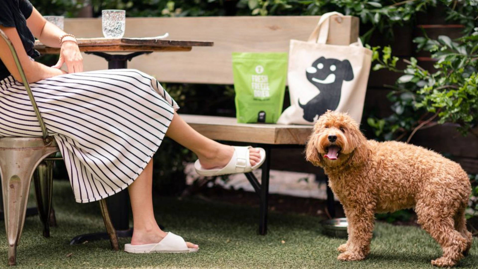 A person wearing a black and white striped skirt sits at an outdoor table while her dog stands next to her. On a bench next to them is a green bag of Get Joy's fresh freeze dried dog food and a cream and black Get Joy tote.