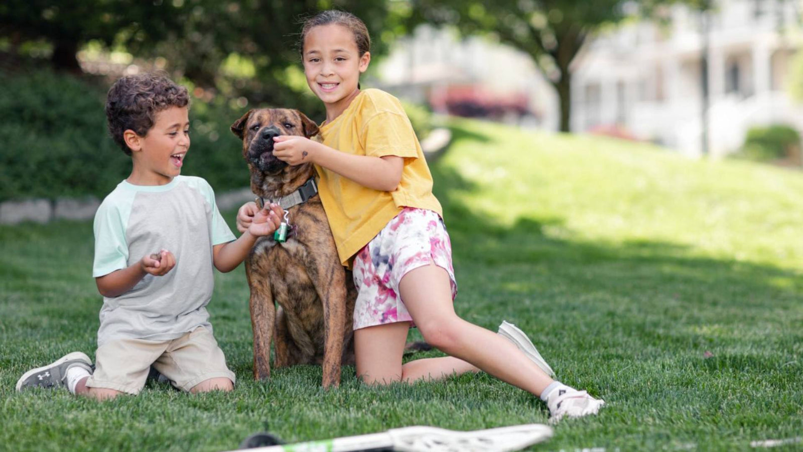 Two kids sit outside in the grass and are on either side of their dog, who they are hugging and interacting with. This is demonstrating tick safety.