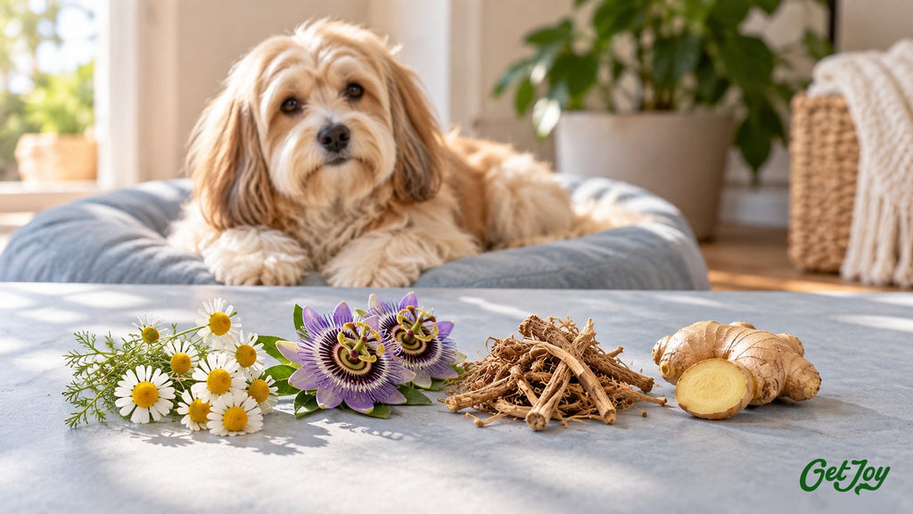 Chamomile, passion flowers, dried valerian root and ginger on a table with a fluffy small dog resting behind