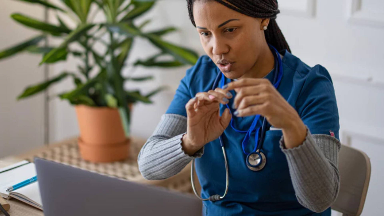 A vet sits in front of a computer and demonstrates a virtual veterinary appointment.