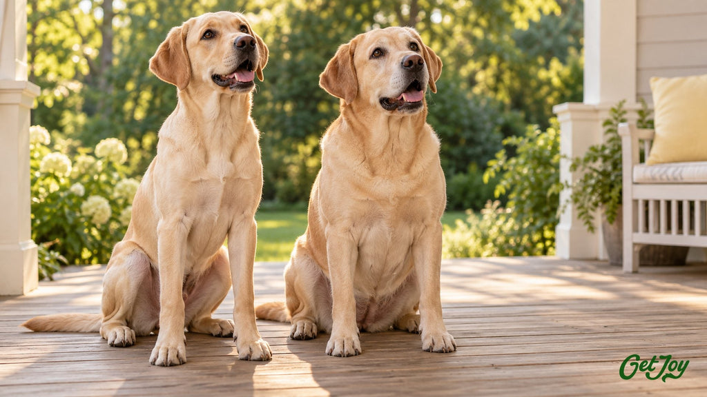 Young and adult yellow Labradors sitting together on a sunny wooden porch