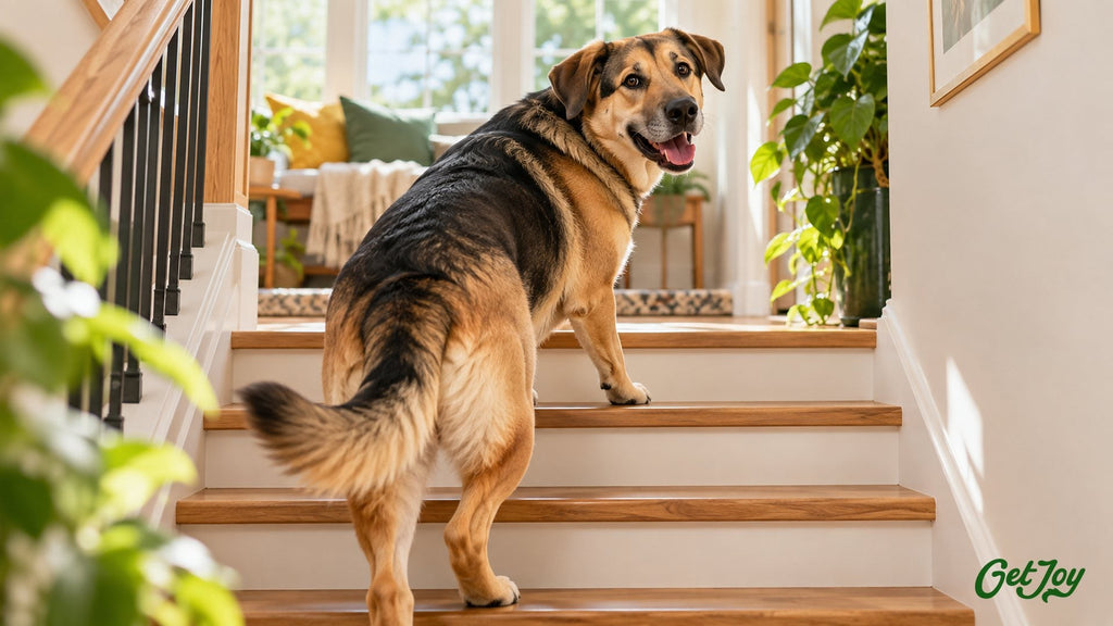 Large mixed-breed dog confidently climbing wooden stairs at home