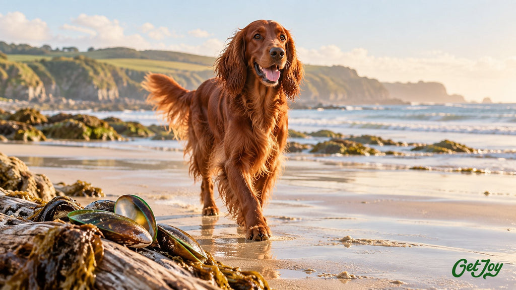 Irish Setter walking on a sunny beach with green-lipped mussel shells in front