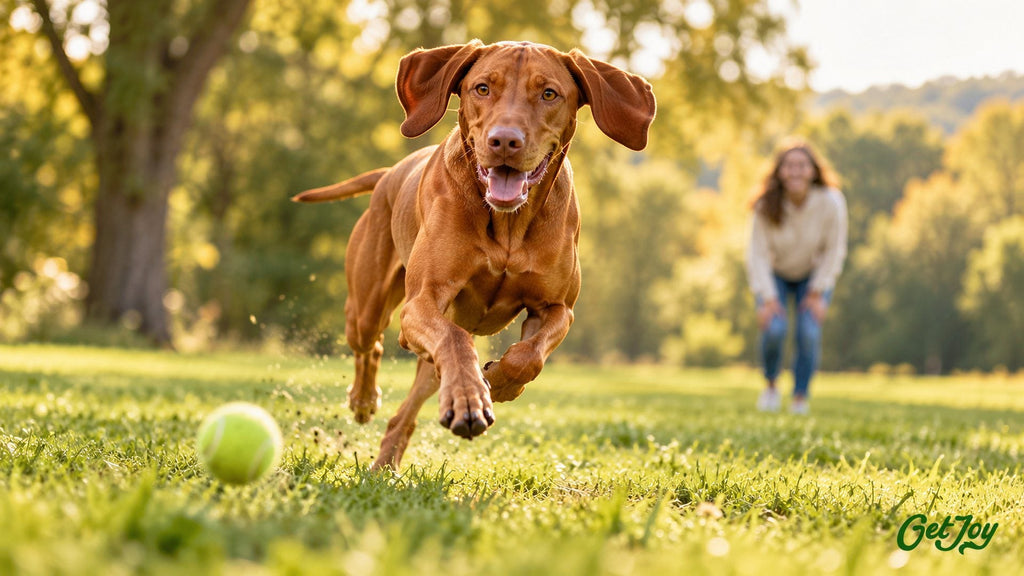 Vizsla running across a park field chasing a ball