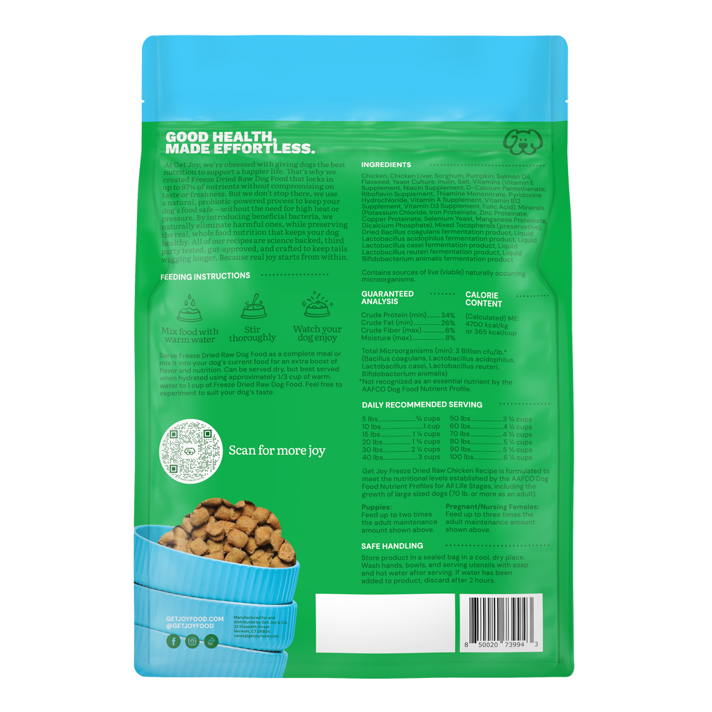 Get Joy Freeze-Dried Raw Chicken Recipe — back of bag with guaranteed analysis & feeding guide | 