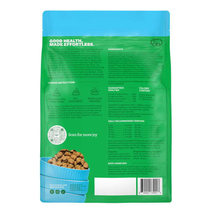 Get Joy Freeze-Dried Raw Chicken Recipe — back of bag with guaranteed analysis & feeding guide | 
