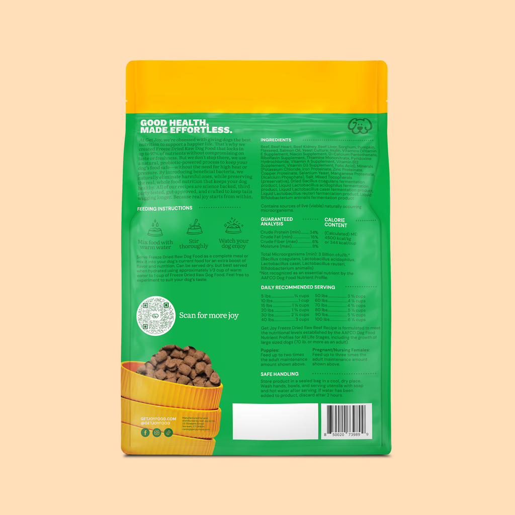 Get Joy Freeze-Dried Raw Beef Recipe — back of bag with feeding guide | 