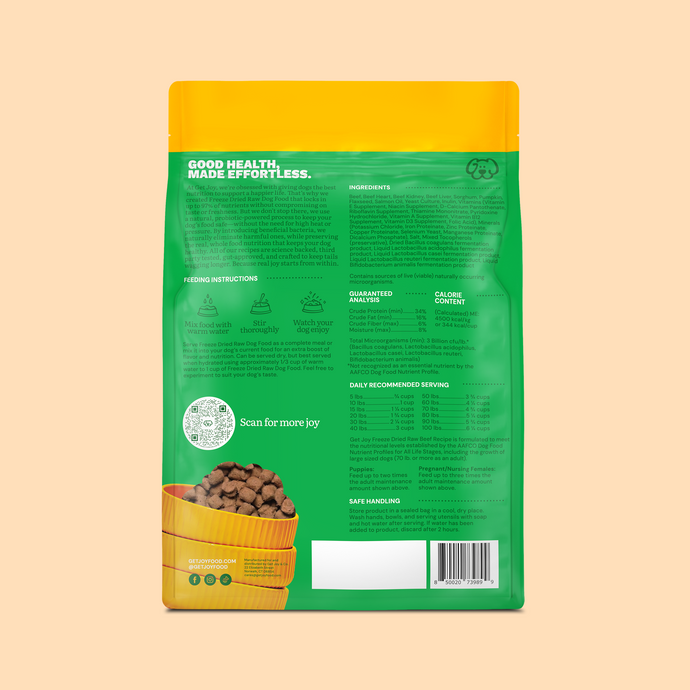 Get Joy Freeze-Dried Raw Beef Recipe — back of bag with feeding guide | 