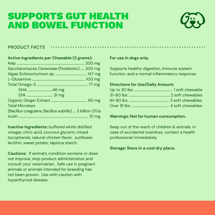 Get Joy Digestion Chews ingredients — prebiotics, probiotics, and postbiotics for dog gut health