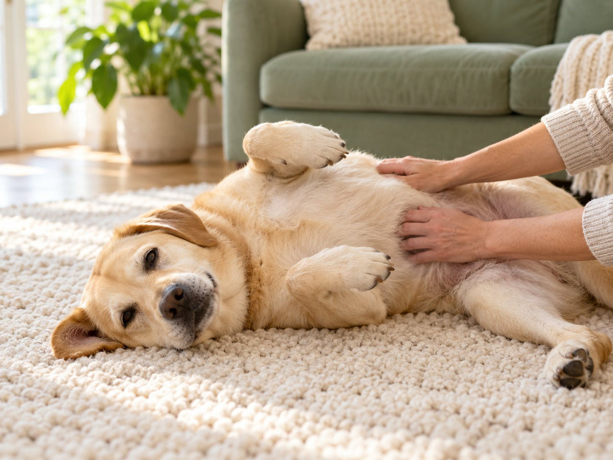 Happy Labrador lying on a rug getting a belly rub