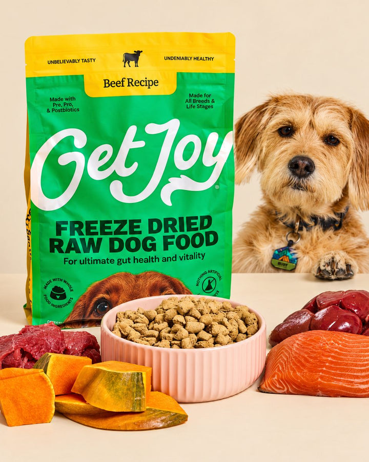 A bag of Get Joy Freeze Dried Raw Beef Recipe with a bowl, beef, liver, salmon and pumpkin