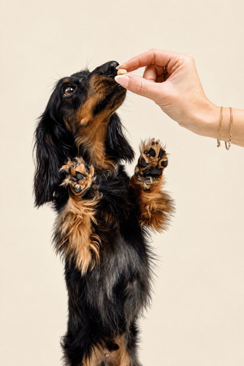 Dog reaching for Get Joy